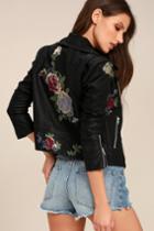 Lulus | Rock 'n' Rose Black Embroidered Vegan Leather Moto Jacket | Size Small | Vegan Friendly