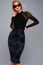 Enchantress Navy Blue Velvet Floral Print Bodycon Skirt | Lulus