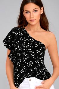 Lulus Lucky Stars Black Print One-shoulder Top