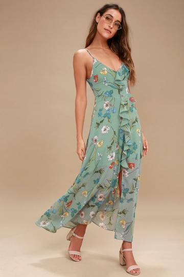 Astr The Label Sienna Sage Green Floral Print Ruffled Maxi Dress | Lulus