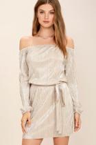 Lulus Glisten Closely Beige And Silver Off-the-shoulder Dress