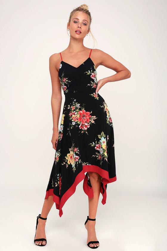 Go Fleur A Twirl Black Floral Print Handkerchief Midi Dress | Lulus