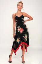 Go Fleur A Twirl Black Floral Print Handkerchief Midi Dress | Lulus