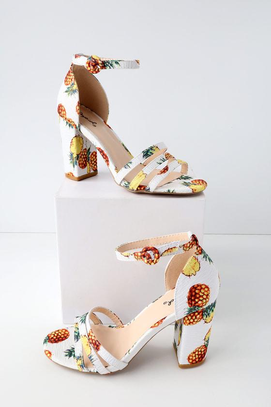 Qupid Jadey White Multi Pineapple Print Ankle Strap Heels | Lulus