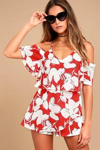 J.o.a. Akela Red Floral Print Off-the-shoulder Skort Dress