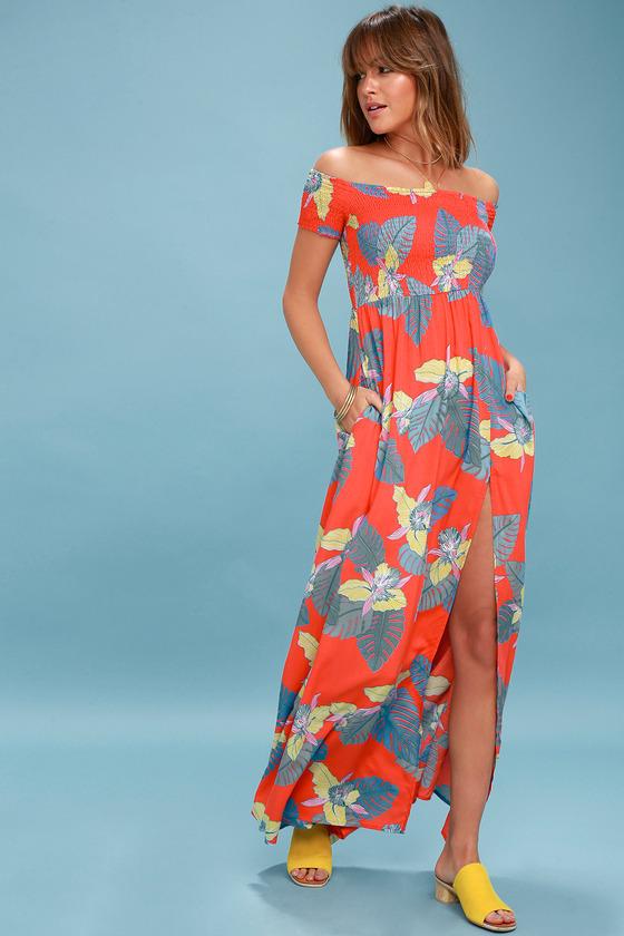 Patsy Coral Red Floral Print Off-the-shoulder Dress | Lulus
