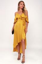 Layla Mustard Yellow Satin Off-the-shoulder Wrap Dress | Lulus