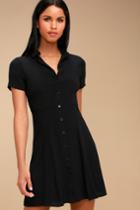 Daily Delight Black Collared Button-up Skater Dress | Lulus