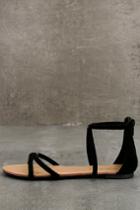 Qupid | Brietta Black Suede Flat Sandal Heels | Size 6.5 | Lulus