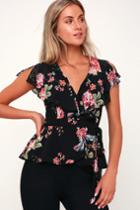 Build Me Up Buttercup Black And Pink Floral Print Wrap Top | Lulus