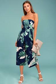 Lulus Rainforest Blooms Navy Blue Print Strapless Midi Jumpsuit