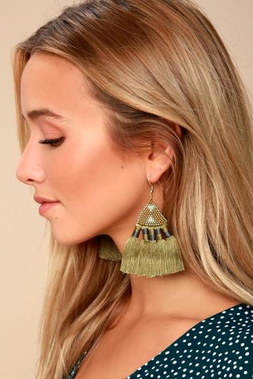 Lulus | Ostara Olive Green Beaded Tassel Earrings