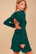 Lulus | Counting Constellations Forest Green Embroidered Backless Dress | Size Large | 100% Polyester
