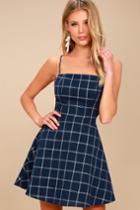 Lulus | Good And Plaid Navy Blue Plaid Skater Dress | Size Large | 100% Cotton