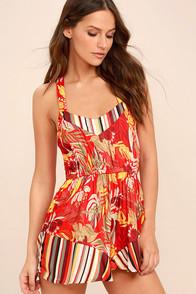 Mink Pink Monsoon Leaves Red Print Romper