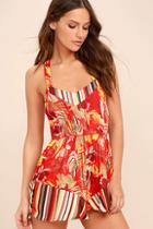 Mink Pink Monsoon Leaves Red Print Romper
