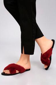 Soda Romona Wine Faux Fur Slide Sandals