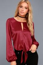 Lulus | Life Of The Party Wine Red Satin Long Sleeve Top | Size Medium | 100% Polyester