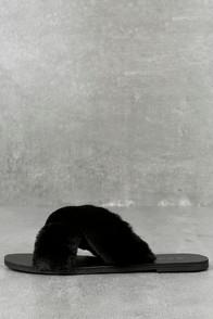 Soda Ramona Black Faux Fur Slide Sandals