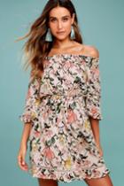 Lulus | Hello, Darling Blush Pink Floral Print Off-the-shoulder Dress | Size Small | 100% Rayon