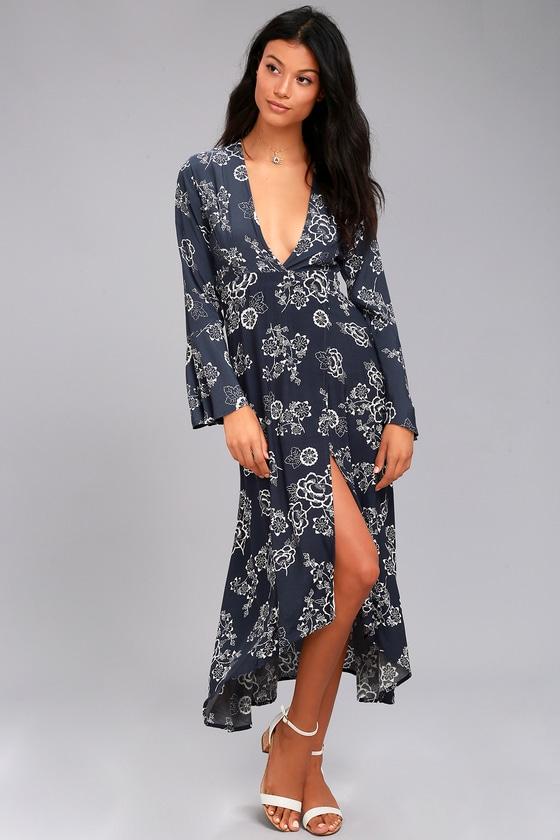 Faithfull The Brand Carioca Navy Blue Floral Print Wrap Dress | Lulus