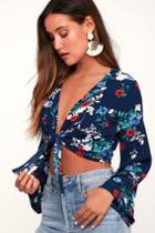 Rivage Navy Blue Floral Print Long Sleeve Tie-front Crop Top | Lulus
