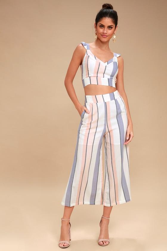 On The Road Jen White Multi Striped Culotte Pants | Lulus