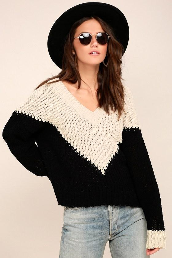 Moon River | Powell Black And Cream Knit Sweater | Size Large | 100% Polyester | Lulus
