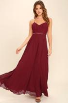 Lulus Stealing Kisses Wine Red Lace Maxi Dress