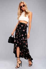 Lulus Marvelously Magical Black Floral Print Wrap Maxi Skirt