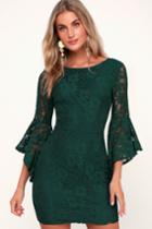 Allure 'em In Forest Green Lace Flounce Sleeve Dress | Lulus