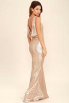 Lulus | Slink And Wink Matte Rose Gold Sequin Maxi Dress | Size X-small | 100% Polyester