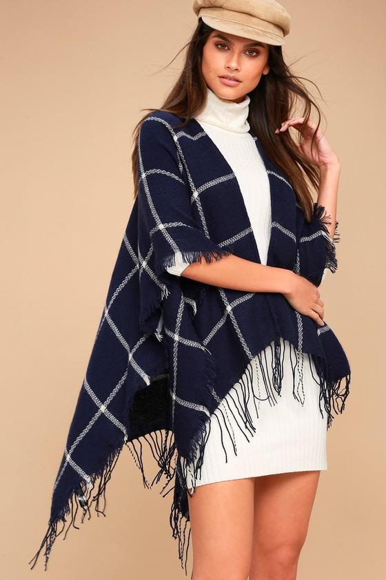 Lulus | Bundle Up Navy Blue Plaid Poncho