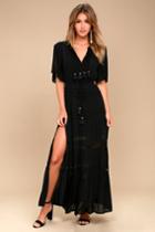 Lulus | Santa Fe Sway Black Crochet Maxi Dress | Size Medium | 100% Rayon