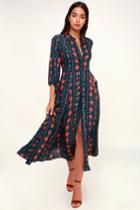 Because You Loved Me Teal Blue Print Shirt Dress | Lulus
