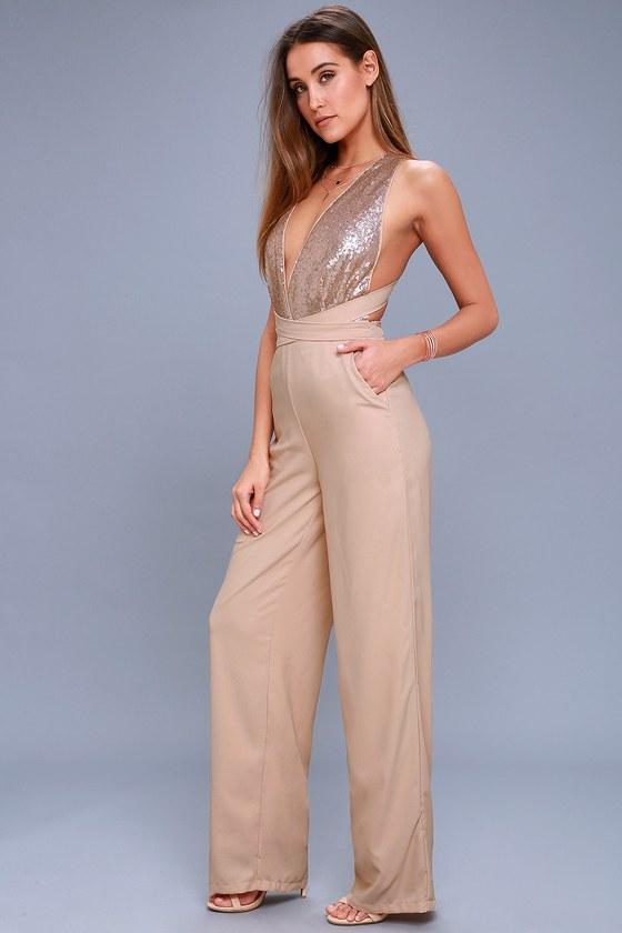 Disco Heaven Beige Sequin Jumpsuit | Lulus
