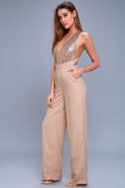 Disco Heaven Beige Sequin Jumpsuit | Lulus