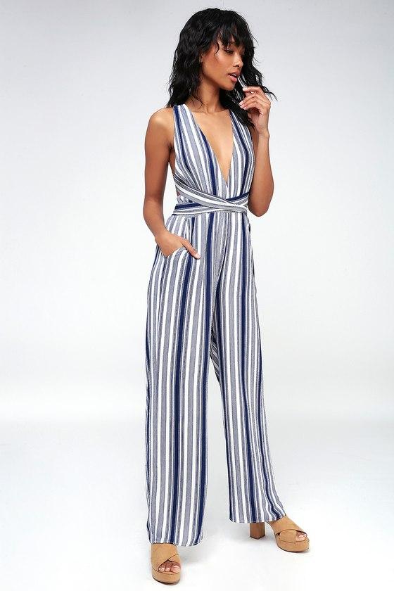 Sunbathing In Spain Navy Blue And White Striped Halter Jumpsuit | Lulus