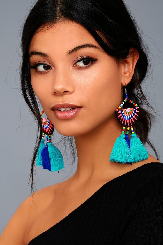 Lulus - Endless Light Turquoise Beaded Tassel Earrings - Blue