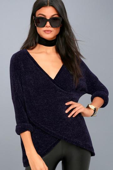 Rd Style | Macalister Navy Blue Chenille Wrap Sweater | Size X-small | 100% Polyester | Lulus