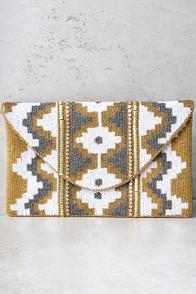 Lulus Treasured Possession Gold Beaded Clutch