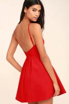 Lulus | Oui Oui Red Backless Skater Dress | Size X-large | 100% Polyester