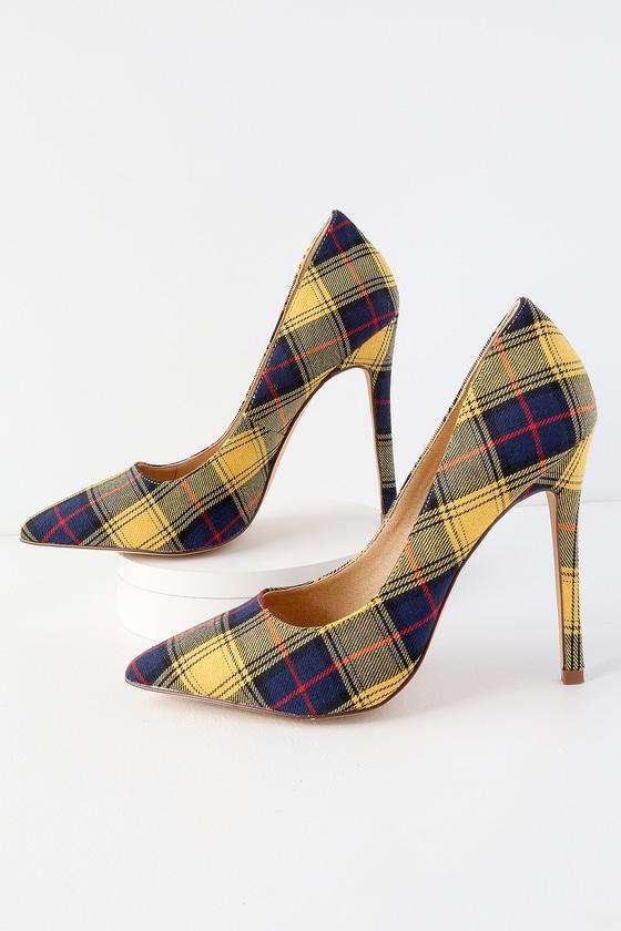 Liliana Tallie Yellow Plaid Pointed Toe Pumps | Lulus