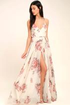 Lulus Elegantly Inclined Cream Floral Print Wrap Maxi Dress
