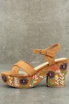 Coconuts Coconuts Fresh Tan Suede Embroidered Platform Sandals