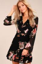 Lulus | Alive With Artistry Black Floral Print Long Sleeve Dress | Size Medium | 100% Polyester