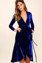 Lulus Enchant Me Cobalt Blue Velvet Midi Wrap Dress