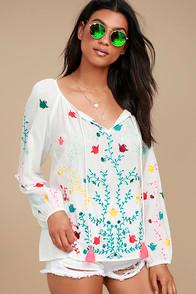 Love Stitch Maldives White Embroidered Long Sleeve Top