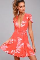 Rolla's Rollas Dancer Coral Red Floral Print Wrap Dress | Lulus