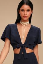 First Monday Sullivan Navy Blue Cropped Wrap Top | Lulus
